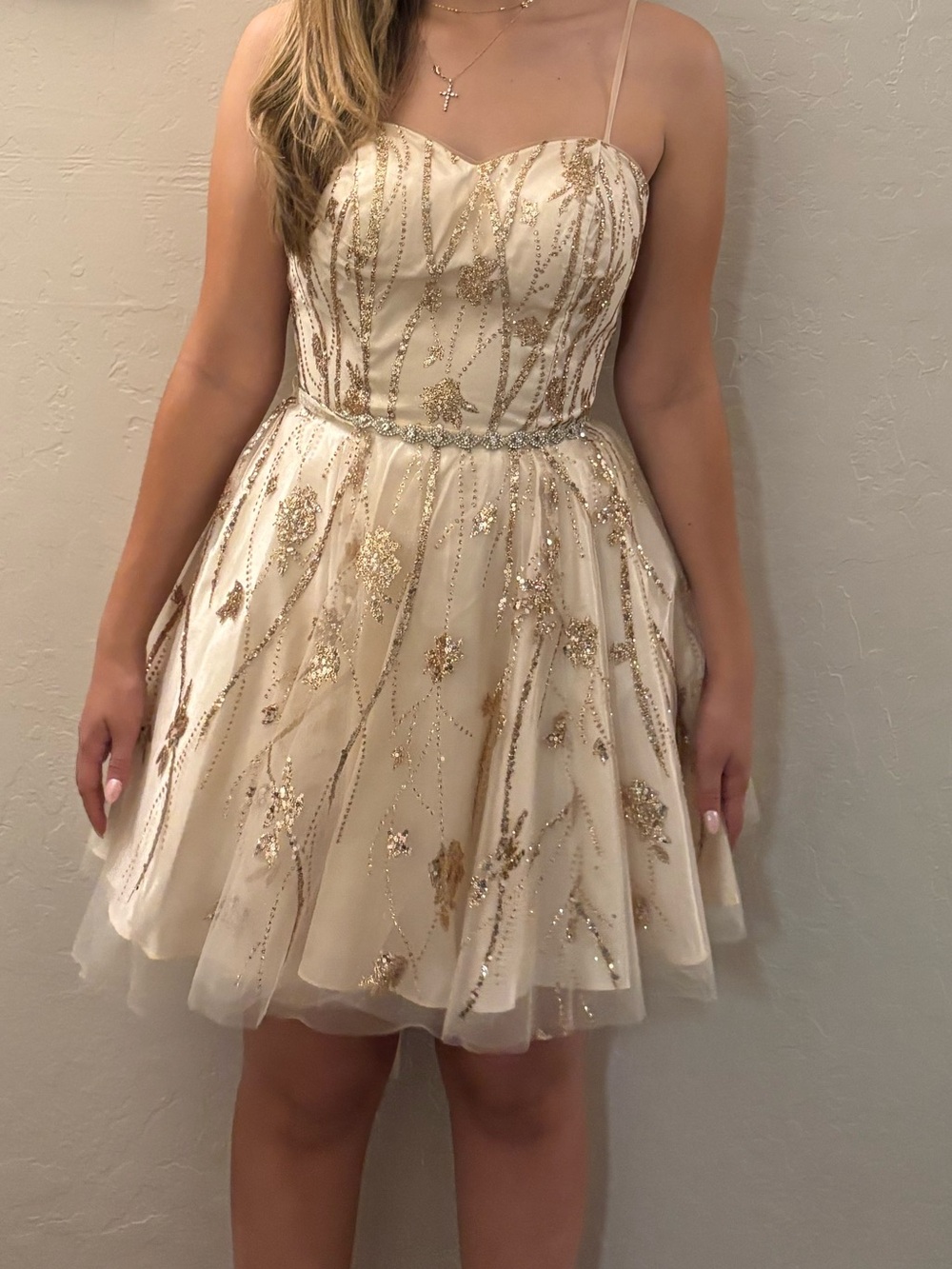 Dancing Queen Cream Mini Dress with Gold Sequin Detail